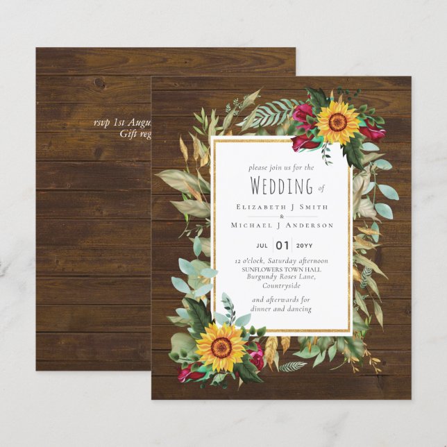 Country Rustic Sunflowers Burgundy Roses Wedding (Front/Back)