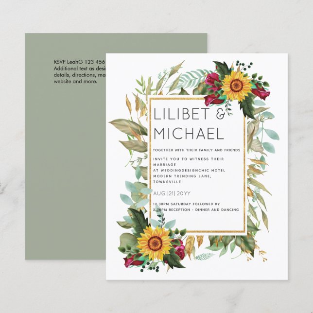 Country Rustic Sunflowers Burgundy Roses Wedding (Front/Back)