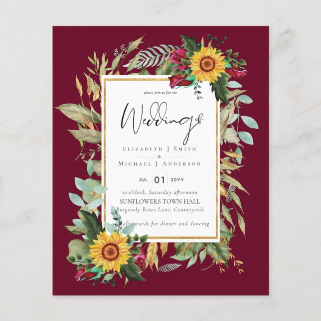 Country Rustic Sunflowers Burgundy Roses Wedding Flyer (Front)