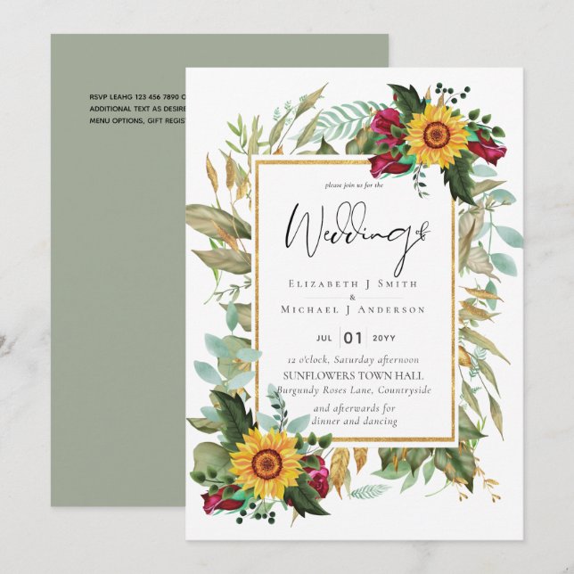 Country Rustic Sunflowers Burgundy Roses Wedding Invitation (Front/Back)