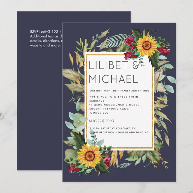 Country Rustic Sunflowers Burgundy Roses Wedding Invitation (Front/Back)