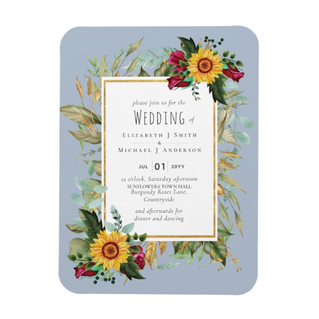 Country Rustic Sunflowers Burgundy Roses Wedding Magnet (Vertical)