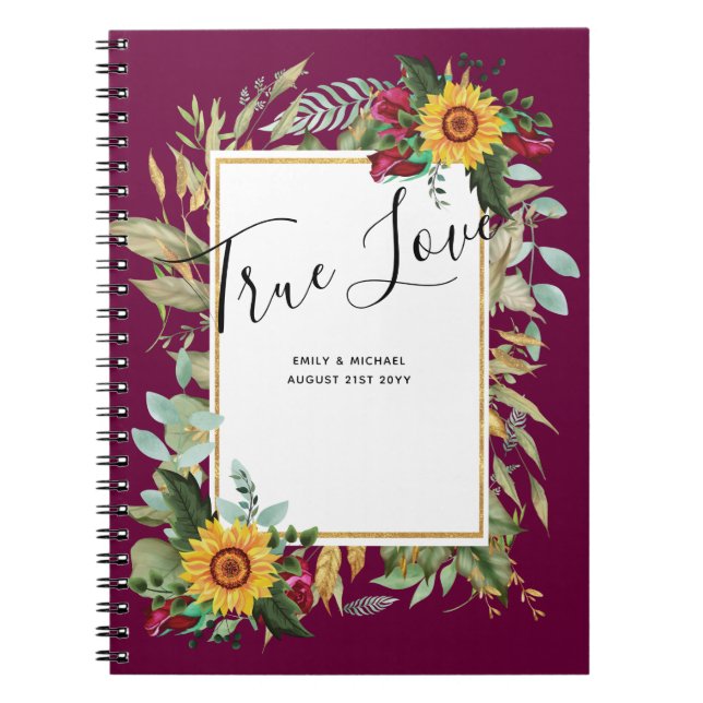 Country Rustic Sunflowers Burgundy Roses Wedding Notebook (Front)