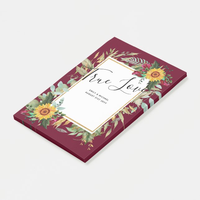 Country Rustic Sunflowers Burgundy Roses Wedding Post-it Notes (Angled)
