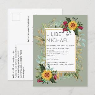 Country Rustic Sunflowers Burgundy Roses Wedding Postcard