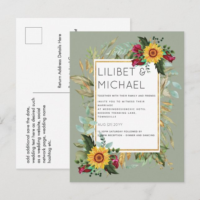 Country Rustic Sunflowers Burgundy Roses Wedding Postcard (Front/Back)