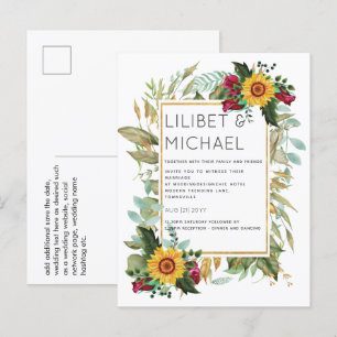 Country Rustic Sunflowers Burgundy Roses Wedding Postcard
