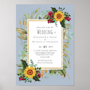 Country Rustic Sunflowers Burgundy Roses Wedding Poster