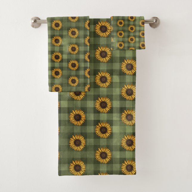 Country Rustic Sunflowers Green Plaid Gingham Bath Towel Set (Insitu)