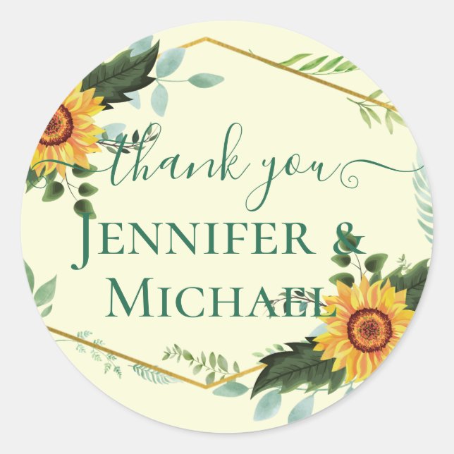 Country Rustic Sunflowers Greenery Wedding Budget Classic Round Sticker (Front)
