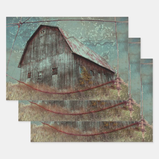 Country Rustic Teal Barn Vintage Texture Decoupage Wrapping Paper Sheet (Set)