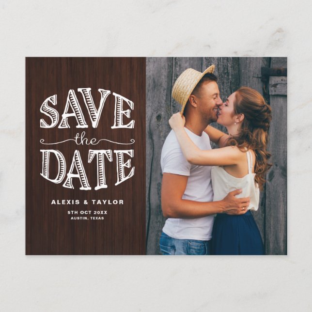 Country Rustic Typography Wood Photo Save the Date Announcement Postcard (Front)