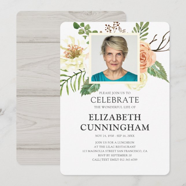 Country Rustic Watercolor Florals Photo Memorial Invitation (Front/Back)