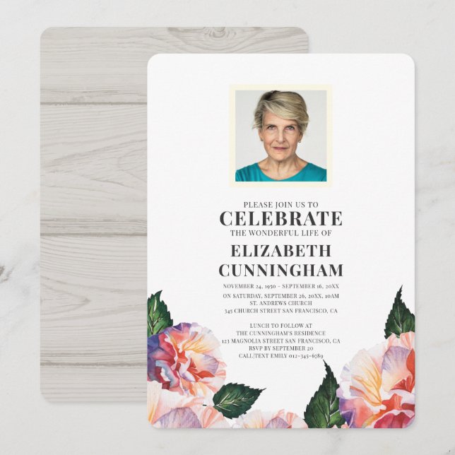 Country Rustic Watercolor Florals Photo Memorial Invitation (Front/Back)