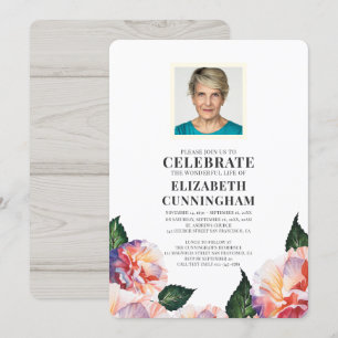 Country Rustic Watercolor Florals Photo Memorial Invitation