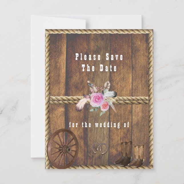 Country Rustic Wedding Roses Horse Shoes Rope  Save The Date (Front)