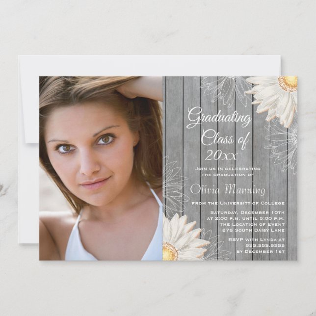 Country rustic white daisy photo graduation party invitation (Front)