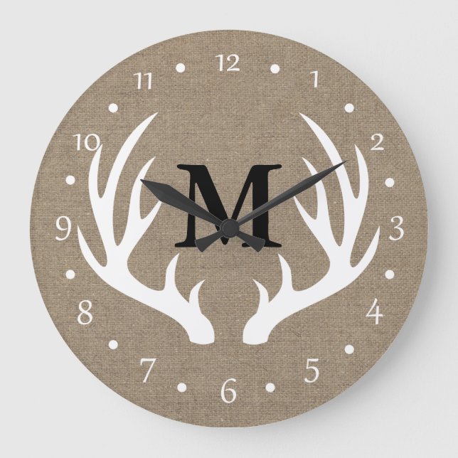 Country Rustic White Deer Antlers Large Clock (Front)