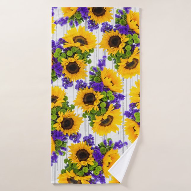 Country Rustic White Wood Purple Yellow Sunflower Bath Towel (Bath Towel)