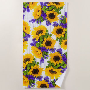 Country Rustic White Wood Purple Yellow Sunflower Beach Towel