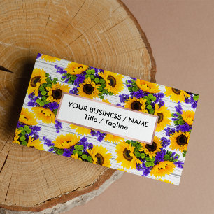 Country Rustic White Wood Purple Yellow Sunflower Business Card