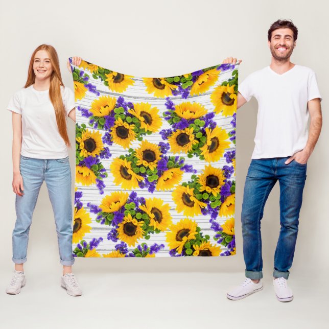 Country Rustic White Wood Purple Yellow Sunflower Fleece Blanket (In Situ)