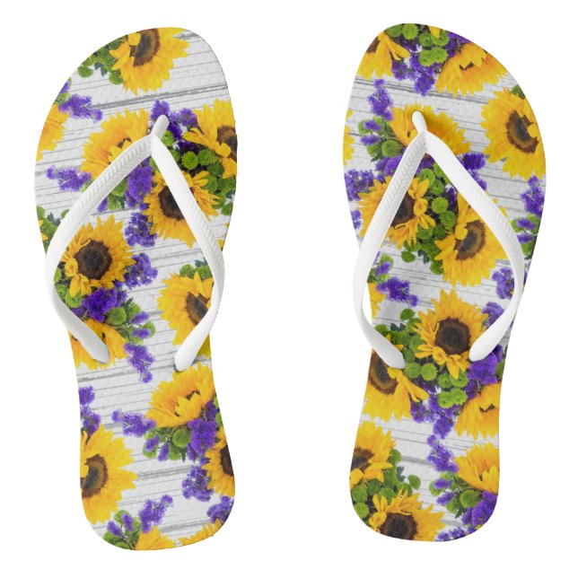 Country Rustic White Wood Purple Yellow Sunflower Flip Flops (Footbed)