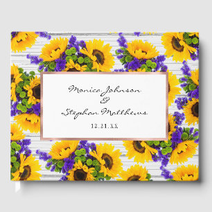 Country Rustic White Wood Purple Yellow Sunflower Guest Book
