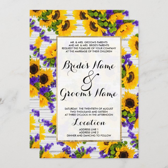 Country Rustic White Wood Purple Yellow Sunflower Invitation (Front/Back)