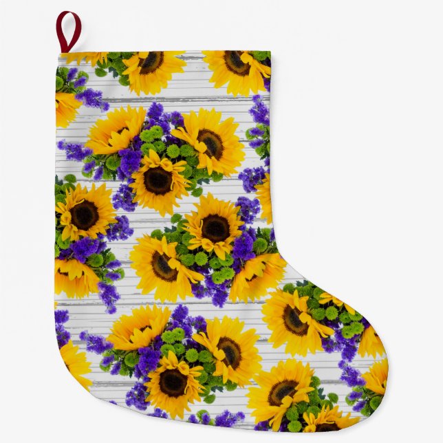 Country Rustic White Wood Purple Yellow Sunflower Large Christmas Stocking (Front)