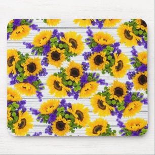 Country Rustic White Wood Purple Yellow Sunflower Mouse Mat