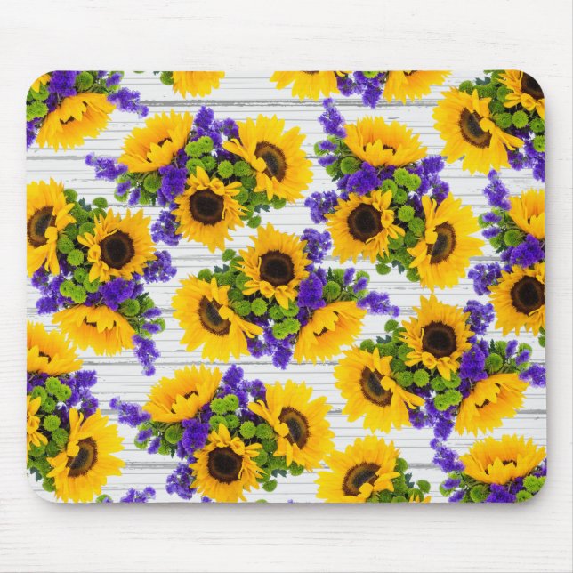 Country Rustic White Wood Purple Yellow Sunflower Mouse Mat (Front)