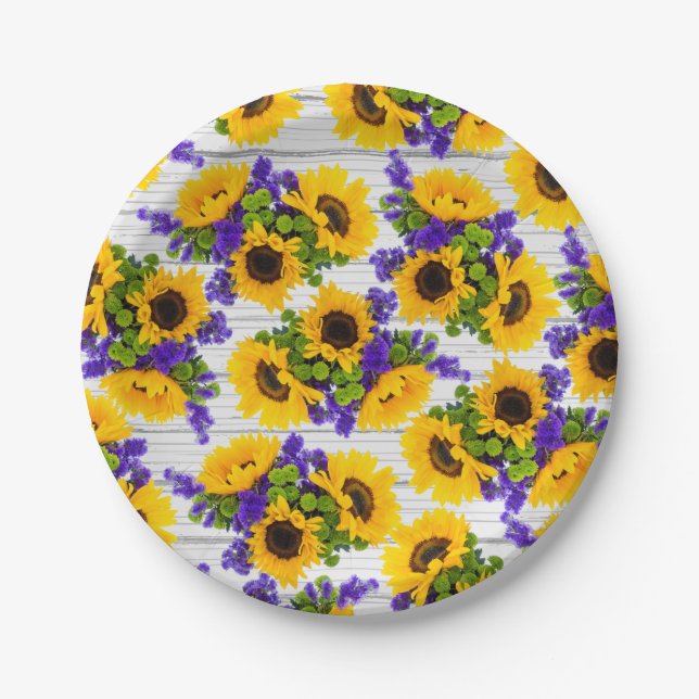 Country Rustic White Wood Purple Yellow Sunflower Paper Plate (Front)