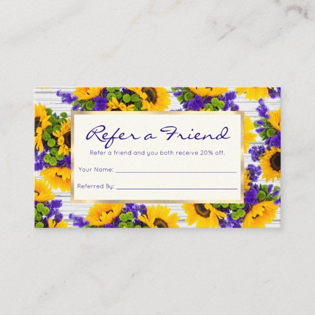 Country Rustic White Wood Purple Yellow Sunflower Referral Card (Front)
