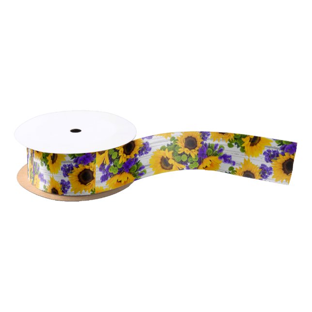 Country Rustic White Wood Purple Yellow Sunflower Satin Ribbon (Spool)
