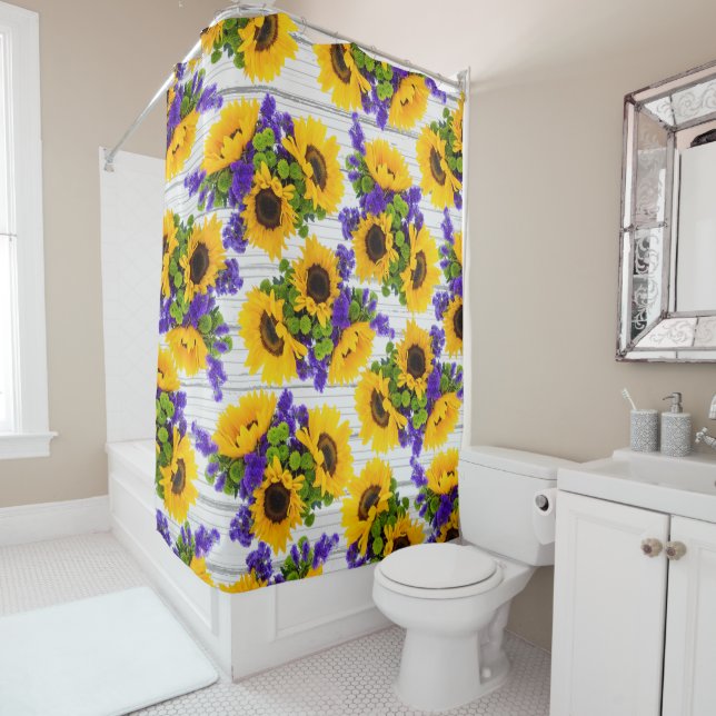 Country Rustic White Wood Purple Yellow Sunflower Shower Curtain (In Situ)