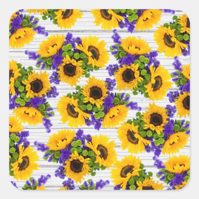 Country Rustic White Wood Purple Yellow Sunflower Square Sticker (Front)