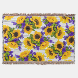 Country Rustic White Wood Purple Yellow Sunflower Throw Blanket