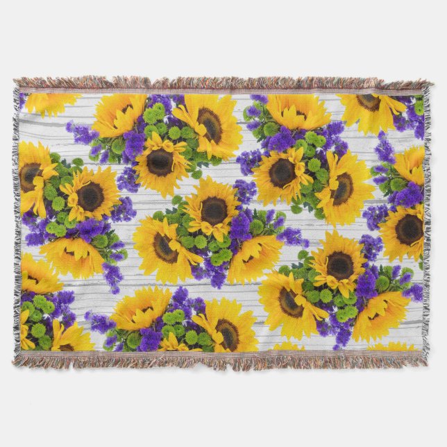 Country Rustic White Wood Purple Yellow Sunflower Throw Blanket (Front)