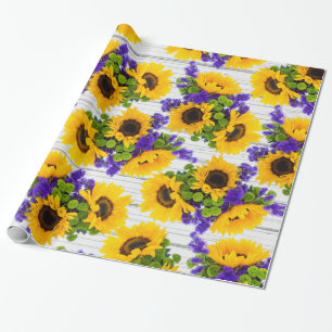 Country Rustic White Wood Purple Yellow Sunflower Wrapping Paper