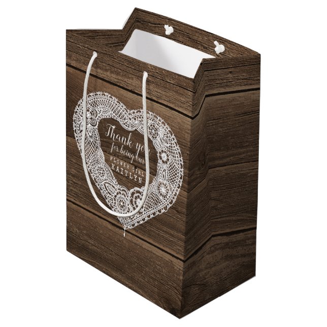 Country rustic wood and lace wedding favour bag (Back Angled)