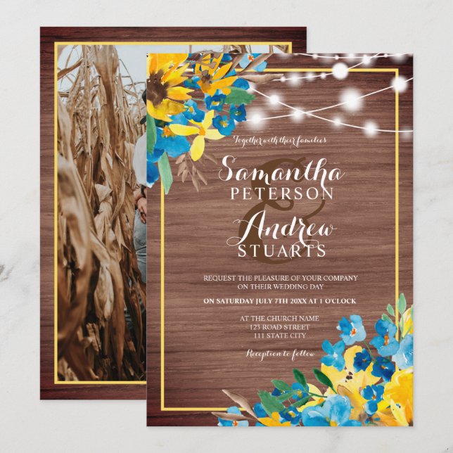 Country rustic wood floral lights photo wedding invitation (Front/Back)