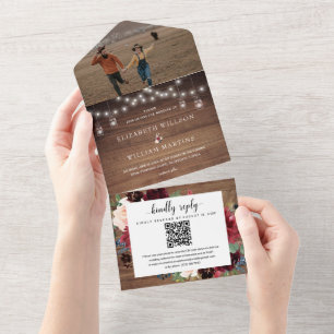 Country Rustic Wood & Floral Wedding QR Code Photo All In One Invitation