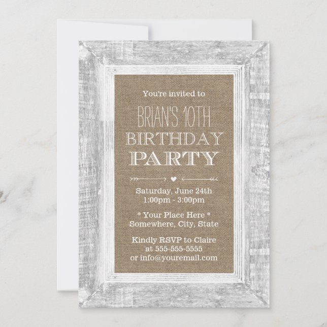 Country Rustic Wood Frame Burlap 10th Birthday Invitation (Front)