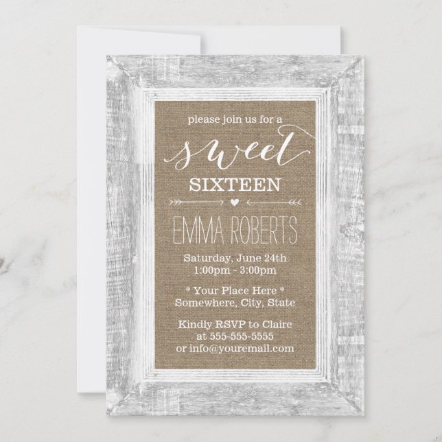 Country Rustic Wood Frame Burlap Sweet 16 Birthday Invitation (Front)