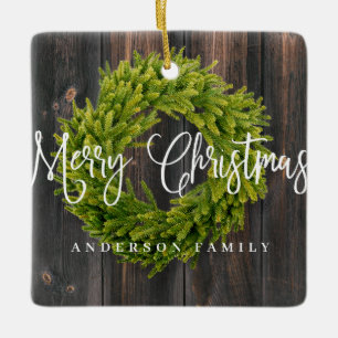 Country Rustic Wood Merry Christmas Greeting Ceramic Ornament