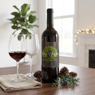 Country Rustic Wood Merry Christmas Greeting Wine Label