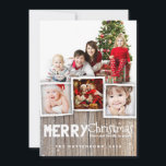 Country Rustic Wood Merry Christmas Photo Card<br><div class="desc">Rustic, weathered wood background and whimsical mix of typography sets the stage for an playful country holiday greeting for family and friends. With room for a multi photo collage of your family, this design frames three smaller photos and one large photo with a border of simulated wood grain at the...</div>