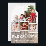 Country Rustic Wood Merry Christmas Photo Card<br><div class="desc">Rustic, weathered wood background and whimsical mix of typography sets the stage for an playful country holiday greeting for family and friends. With room for a multi photo collage of your family, this design frames three smaller photos and one large photo with a border of simulated wood grain at the...</div>