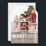 Country Rustic Wood Merry Christmas Photo Card<br><div class="desc">Rustic, weathered wood background and whimsical mix of typography sets the stage for an playful country holiday greeting for family and friends. With room for a multi photo collage of your family, this design frames three smaller photos and one large photo with a border of simulated wood grain at the...</div>